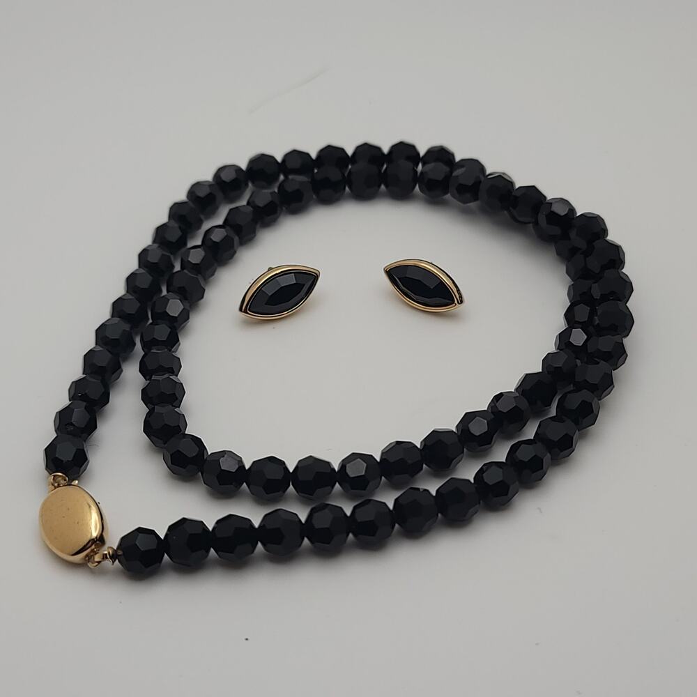 Vintage SAL Black Crystal Bead & Gold-Tone Necklace and Stud Earrings